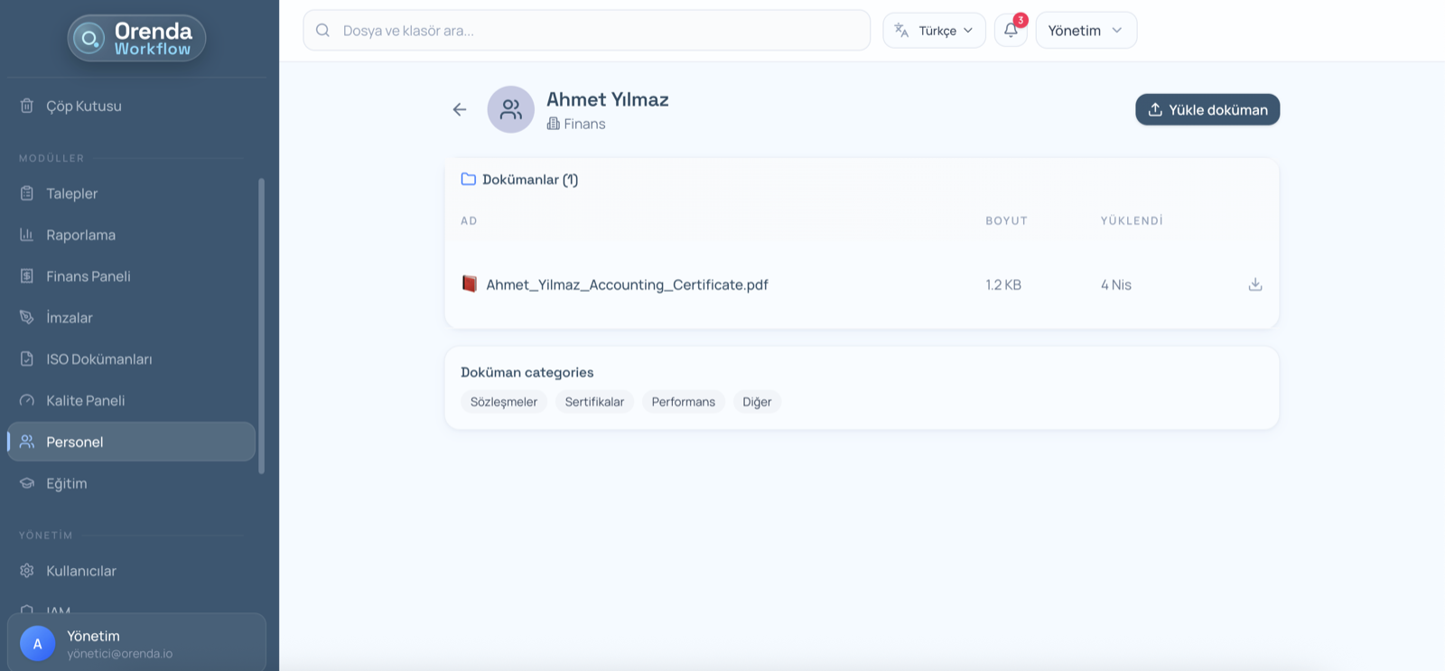 Orenda Workflow personel dokümanları ekranı