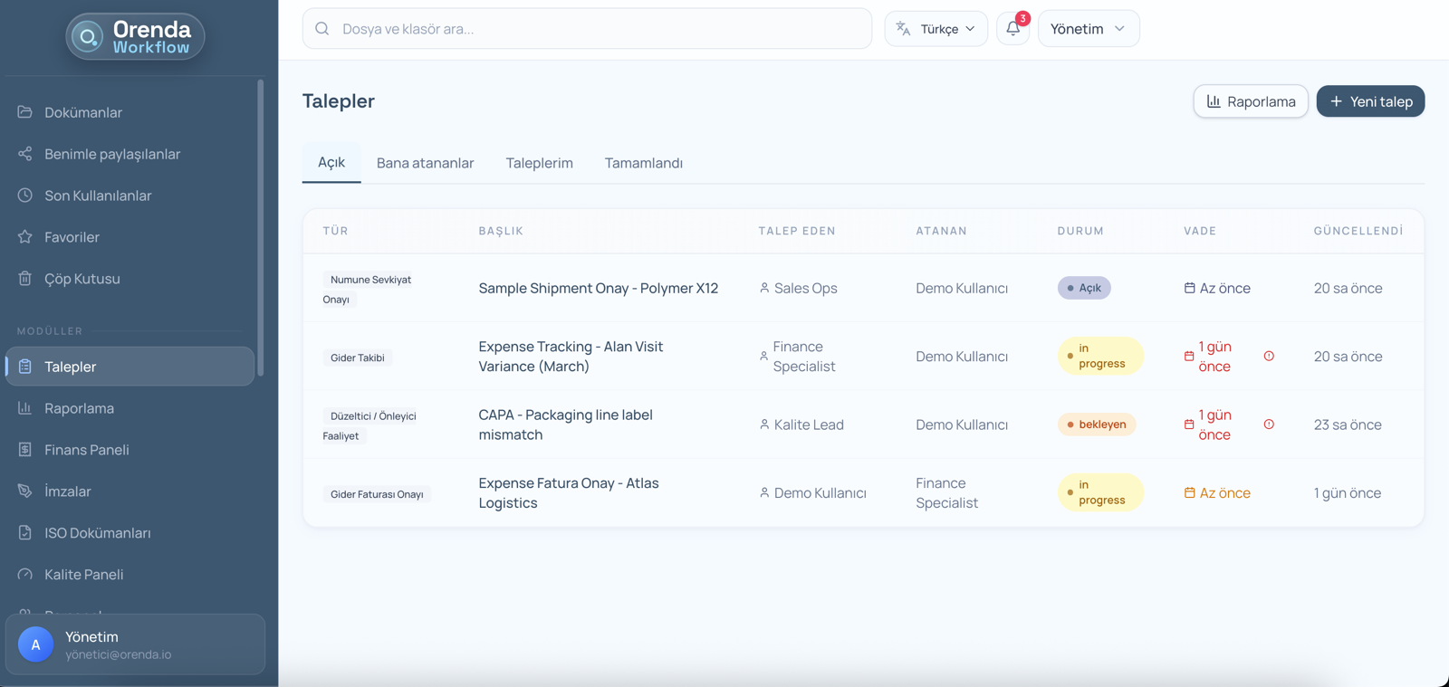 Orenda Workflow talep yönetimi ekranı