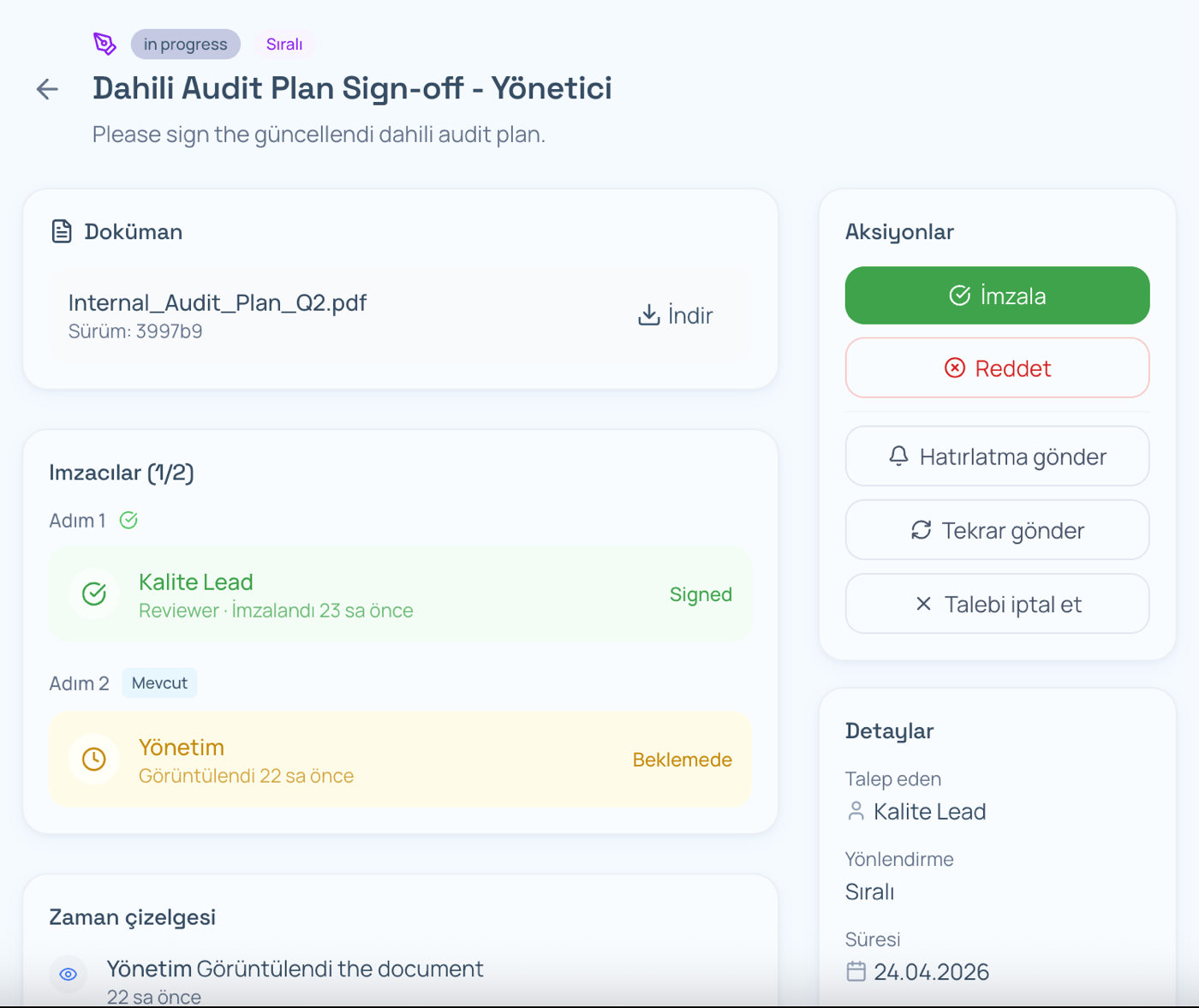Orenda Workflow dijital imza detay ekranı
